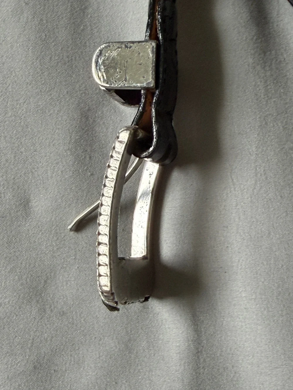 BRIGHTON Women’s M/L 32” Black Leather 90s Belt 42603 Silver Embossed Croc EUC